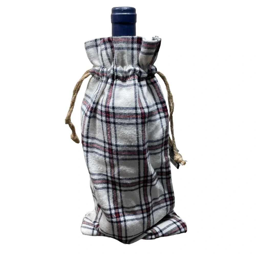 Threshold Plaid Holiday Christmas Fabric Drawstring Wine Bag and four Coasters